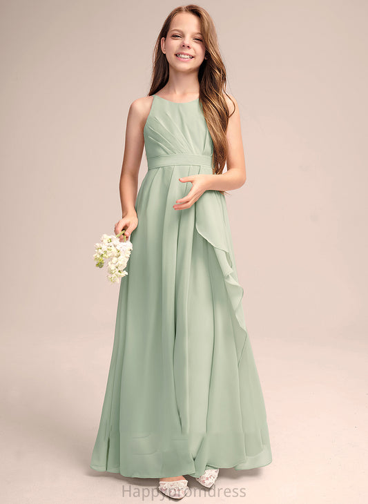 Floor-Length Chiffon Claire Scoop Cascading Junior Bridesmaid Dresses Ruffles Neck With A-Line