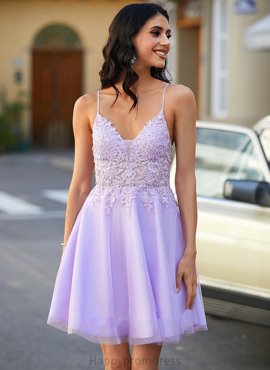 Beading V-neck Lace Macie Tulle Dress Short/Mini With A-Line Homecoming Dresses Homecoming