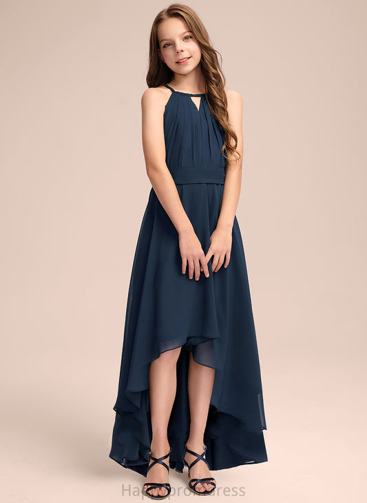 With Neck Ruffles Bow(s) Lindsay A-Line Chiffon Asymmetrical Junior Bridesmaid Dresses Scoop