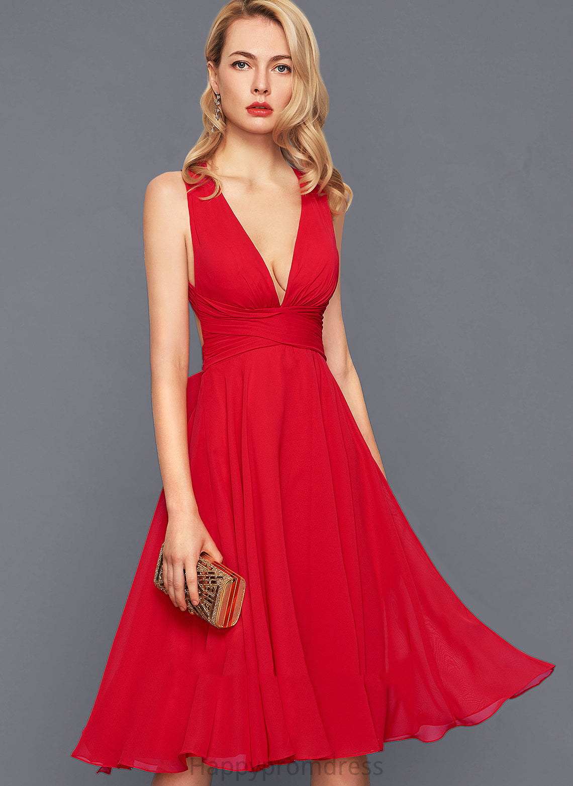 Dress Chiffon Moriah Ruffle Knee-Length With Cocktail Bow(s) A-Line V-neck Cocktail Dresses