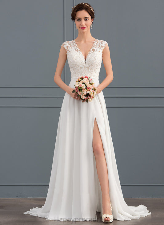 Train Split Braelyn A-Line Wedding Dresses Sweep Front Chiffon Wedding V-neck With Dress