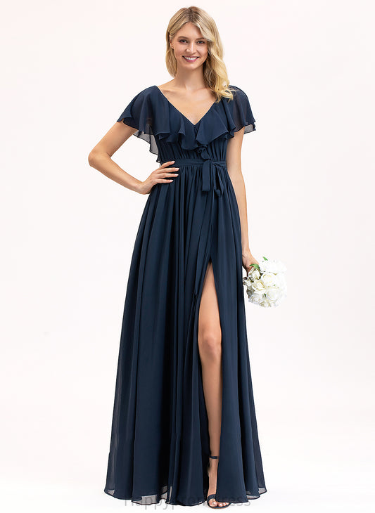 A-Line Front With V-neck Floor-Length Chiffon Bow(s) Ruffles Wendy Cascading Prom Dresses Split