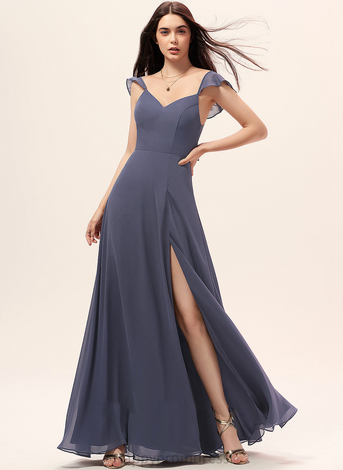 A-Line SplitFront Silhouette V-neck Embellishment Neckline Floor-Length Fabric Length Trudie Off The Shoulder Sleeveless Bridesmaid Dresses