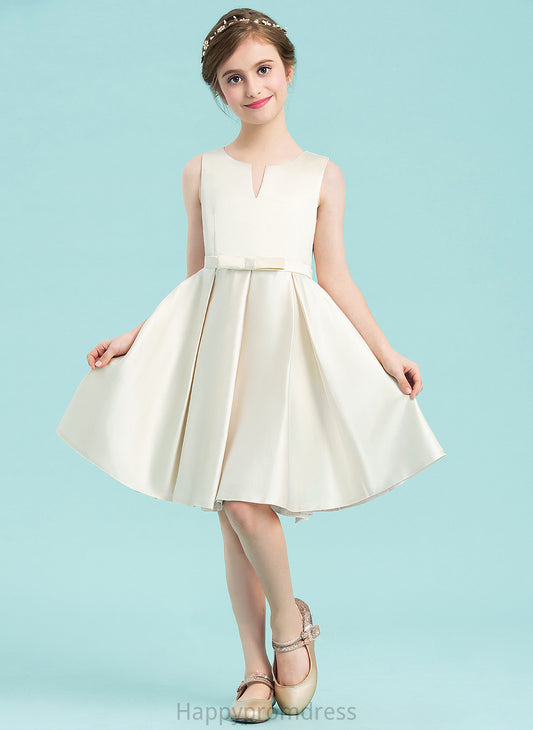 Junior Bridesmaid Dresses Knee-Length Satin With Toni Neck A-Line Scoop Bow(s)