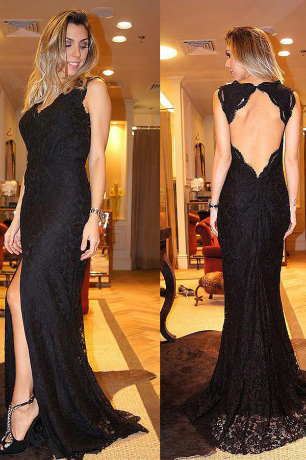 Black Sleeveless Sheath Sweep Train Keyhole Back Side Slit Prom Dresses