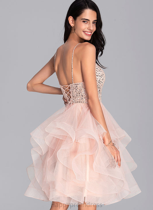 With Knee-Length Sequins Ball-Gown/Princess Zoie V-neck Prom Dresses Tulle Beading