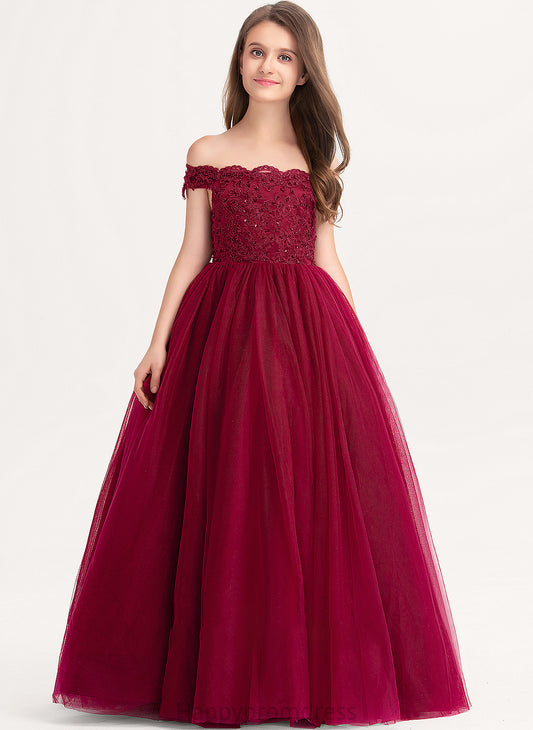 Junior Bridesmaid Dresses Beading Sequins Riley Tulle With Lace Floor-Length Off-the-Shoulder Ball-Gown/Princess