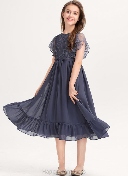 Neck Junior Bridesmaid Dresses Cascading Ruffles Knee-Length A-Line Chiffon With Daphne Lace Scoop