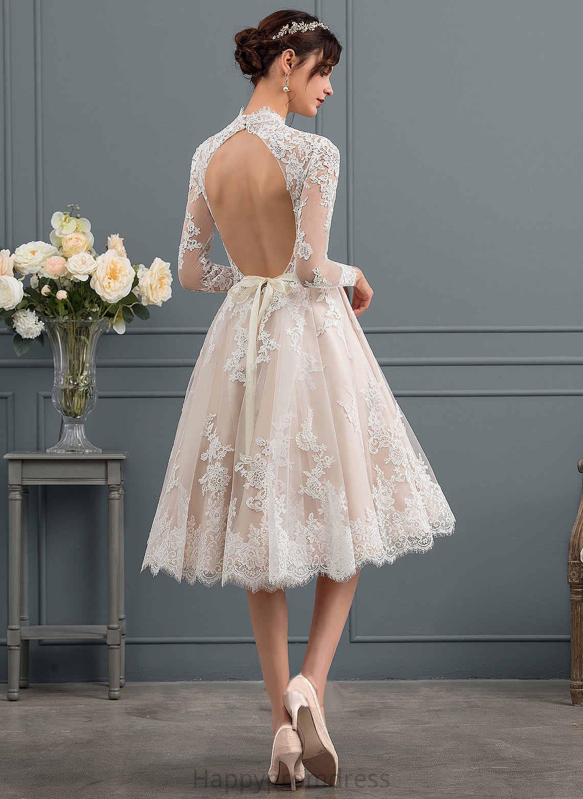 Wedding Dresses A-Line Knee-Length Janiyah Lace Tulle Illusion Dress Wedding