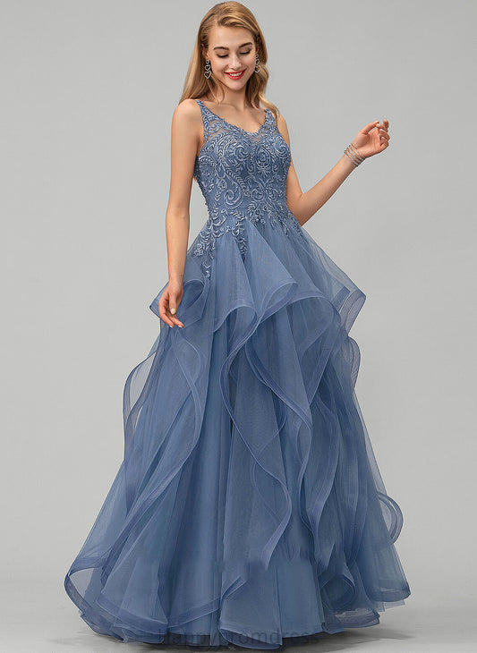 Prom Dresses Lace V-neck Ball-Gown/Princess Floor-Length Sequins Eliza Tulle Beading With