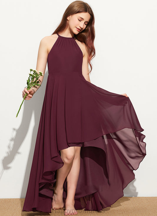 Neck Scoop Evelin Ruffle Chiffon A-Line With Asymmetrical Junior Bridesmaid Dresses