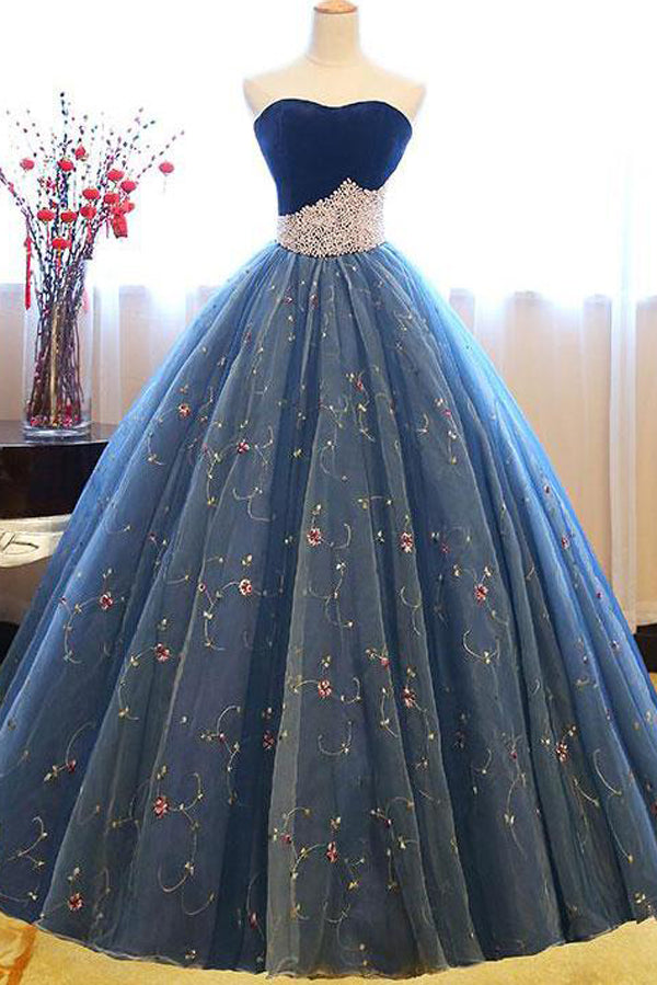 Navy Blue Ball Gown Sweetheart Sleeveless Lace Up Pearl Appliques Prom Dresses