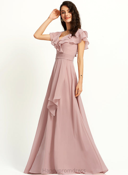 A-Line Embellishment Floor-Length Length Neckline Fabric Ruffle Silhouette V-neck SplitFront Breanna Natural Waist Bridesmaid Dresses