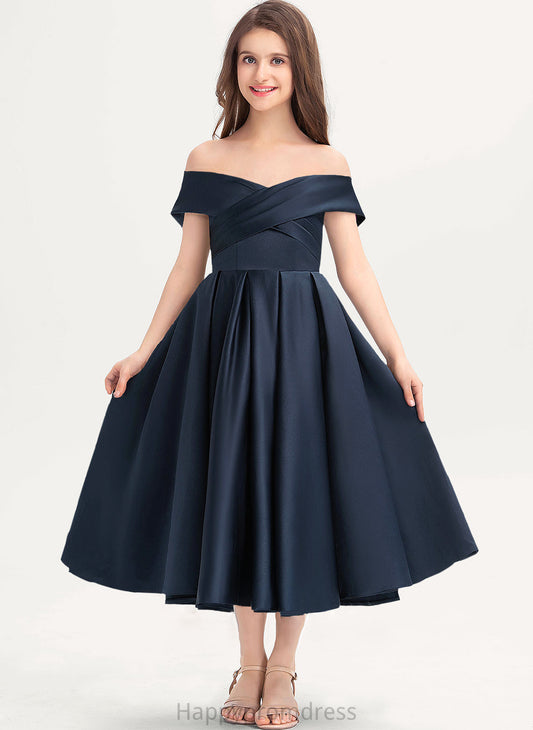 With Tea-Length Armani A-Line Off-the-Shoulder Junior Bridesmaid Dresses Ruffle Satin Pockets