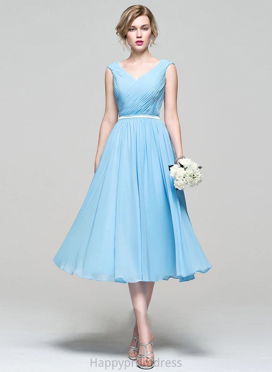 Length Neckline A-Line Silhouette V-neck Embellishment Tea-Length Fabric Ruffle Kaitlyn A-Line/Princess Knee Length Bridesmaid Dresses