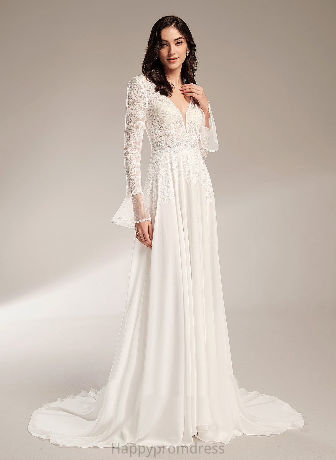 Wedding Dresses Wedding Ruffle Dress Lace Court V-neck Chiffon A-Line Train With Juliet