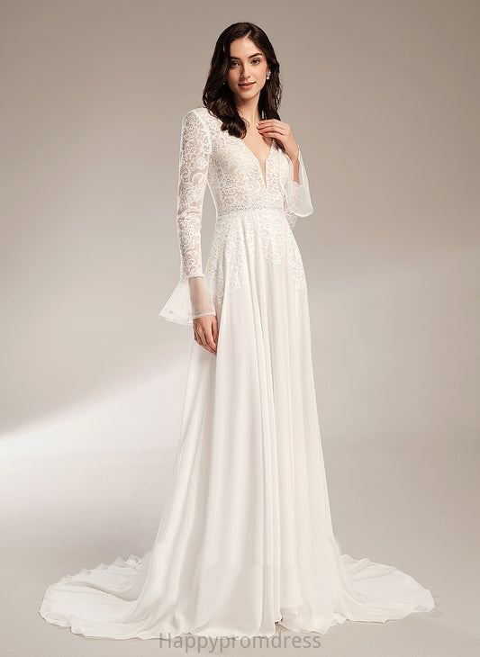 Wedding Dresses Wedding Ruffle Dress Lace Court V-neck Chiffon A-Line Train With Juliet