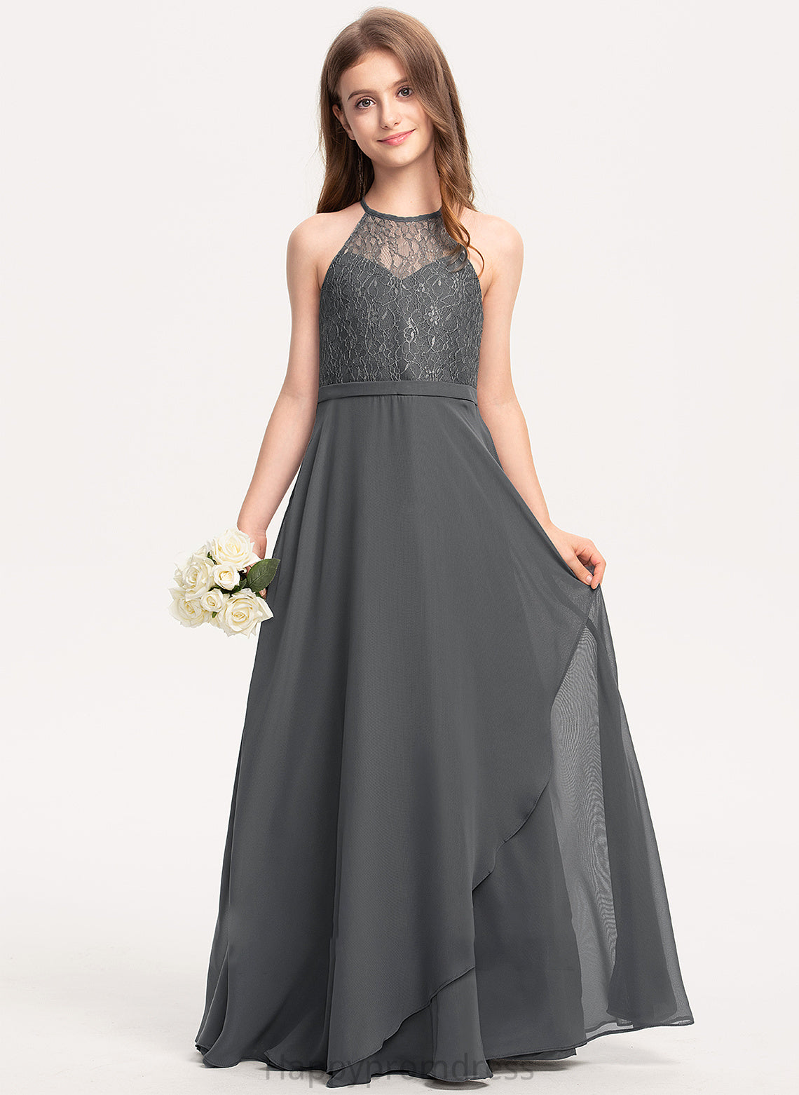 Scoop Mabel Floor-Length A-Line Junior Bridesmaid Dresses Lace With Neck Ruffles Cascading Chiffon