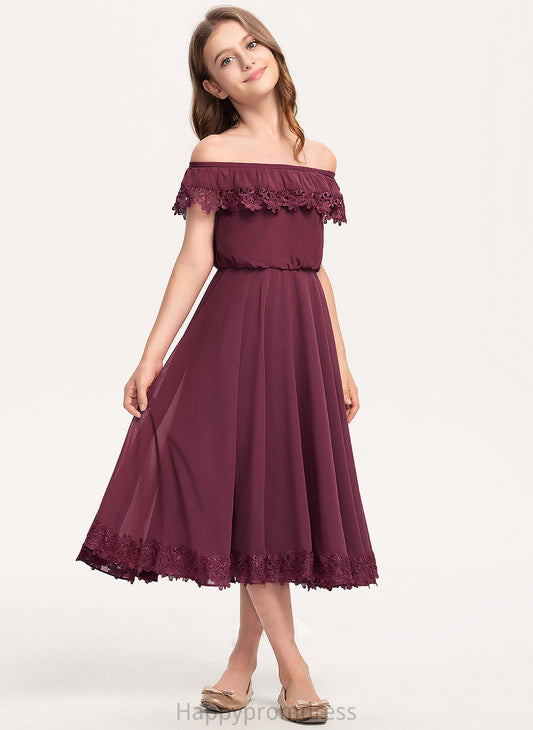 Tea-Length Junior Bridesmaid Dresses Chiffon Desiree A-Line Off-the-Shoulder Lace