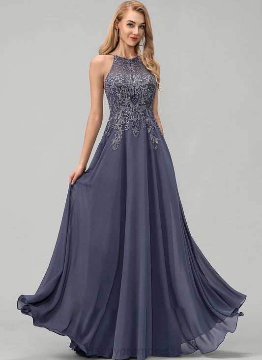 Sequins Neck With Floor-Length Chiffon Lace Caylee Scoop A-Line Prom Dresses