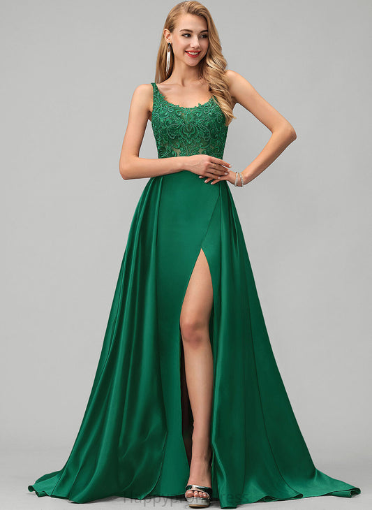 Front Train Split Sweep Sequins Kyla Prom Dresses Satin Neckline With Square Lace A-Line