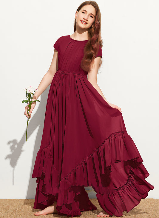 A-Line Scoop Cascading Bow(s) With Neck Chiffon Junior Bridesmaid Dresses Floor-Length Ruffles Appliques Lace Leia