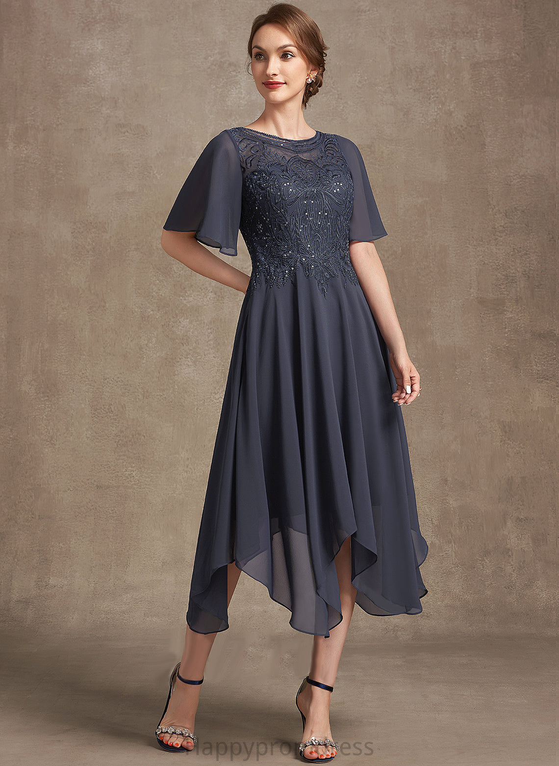 Scoop Chiffon of Bride A-Line Mother of the Bride Dresses Lace Tea-Length Dress Mother Marcia With Sequins the Neck