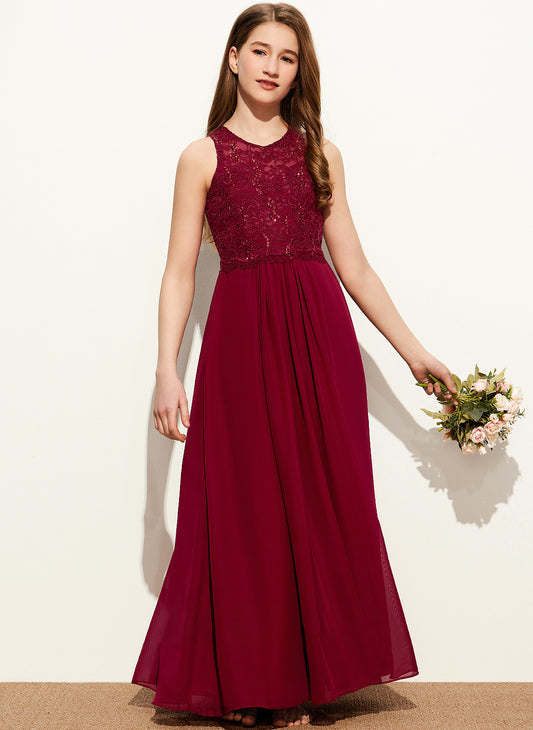 Chiffon Neck Junior Bridesmaid Dresses Sequins Scoop Floor-Length Cassie A-Line Lace With