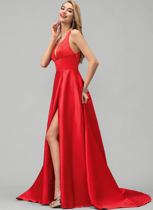 Front With Prom Dresses Train Ball-Gown/Princess V-neck Satin Sweep Split Louisa