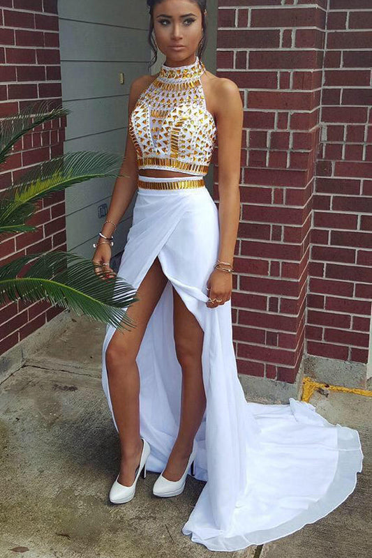 Two Piece A Line Asymmetrical Halter Beading Sleeveless Prom Dresses