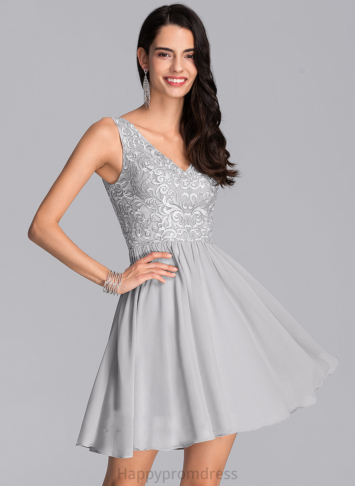 A-Line Dress Lace Chiffon Sequins Nita Short/Mini With Homecoming Homecoming Dresses V-neck