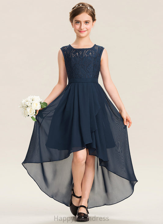 Junior Bridesmaid Dresses Roberta Asymmetrical Scoop Cascading Chiffon A-Line Neck Lace Ruffles Bow(s) With