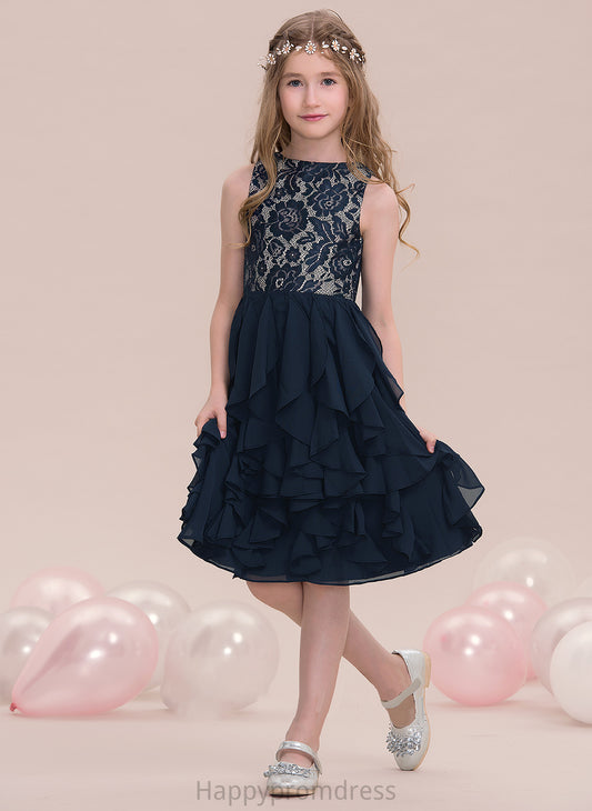 Ruffles Knee-Length Averi Cascading With Scoop Junior Bridesmaid Dresses Neck Chiffon A-Line