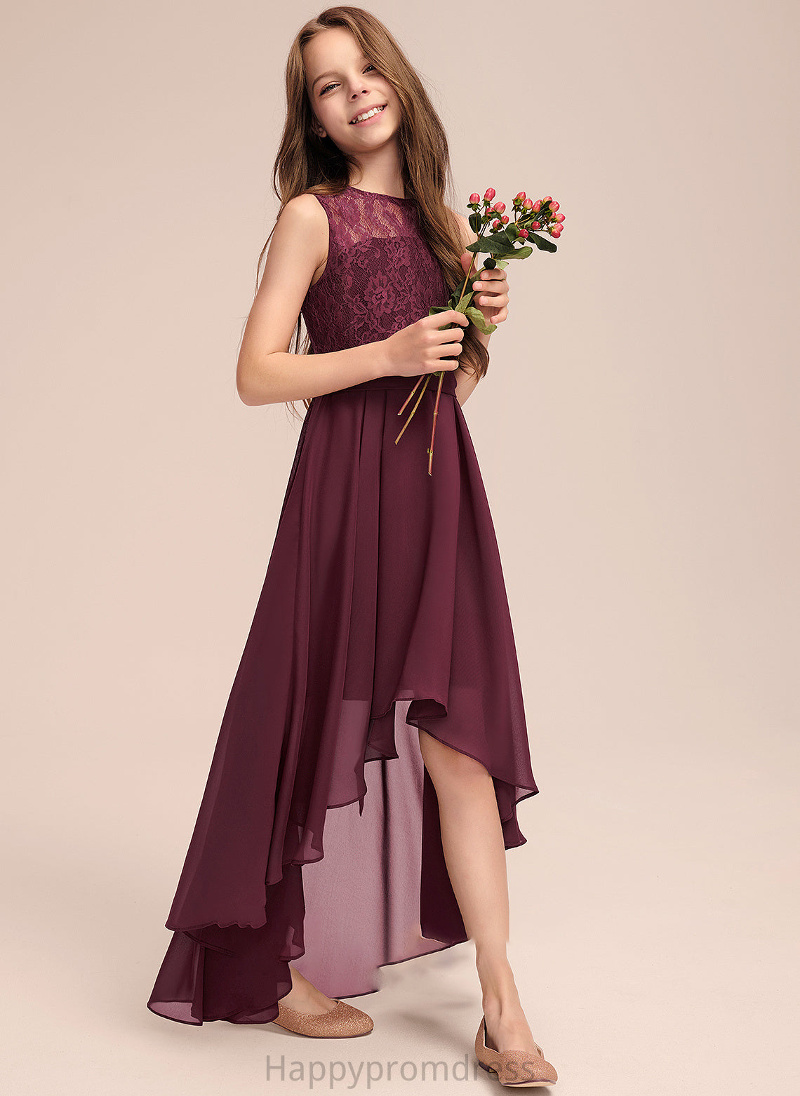 A-Line Asymmetrical Bow(s) Junior Bridesmaid Dresses Chiffon Lace With Neck Greta Scoop