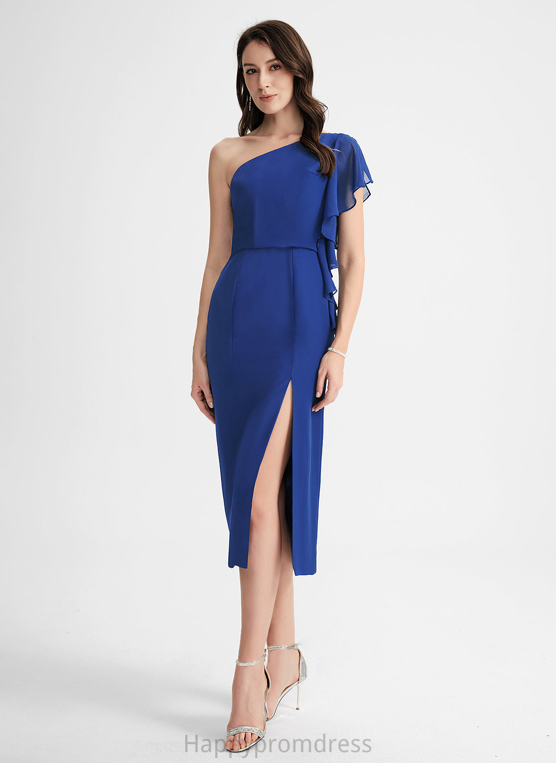 One-Shoulder With Dress Sheath/Column Ruffle Chiffon Tea-Length Marcia Cocktail Dresses Cocktail