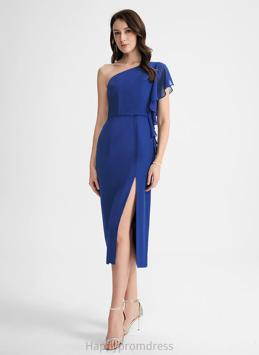 One-Shoulder With Dress Sheath/Column Ruffle Chiffon Tea-Length Marcia Cocktail Dresses Cocktail