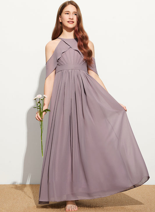 Ruffle Neck With Scoop Junior Bridesmaid Dresses A-Line Floor-Length Chiffon Eva