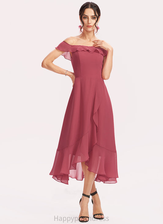 Off-the-Shoulder A-Line Tea-Length Cocktail Dresses Dress Chiffon Cascading Jane Ruffles Cocktail With