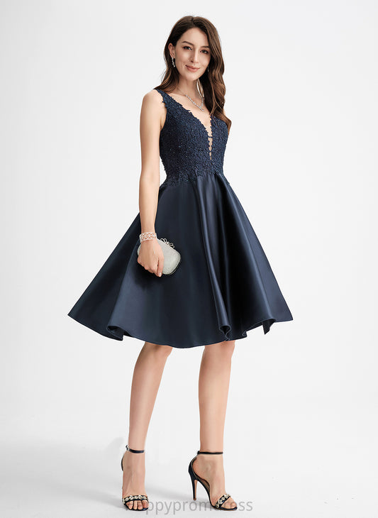 With Lace V-neck Satin Adyson Homecoming Dresses Knee-Length Beading A-Line Dress Homecoming