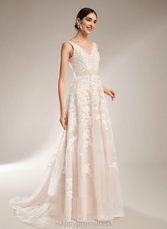 Train Wedding Dresses Court Wedding Precious Lace A-Line Tulle Dress V-neck