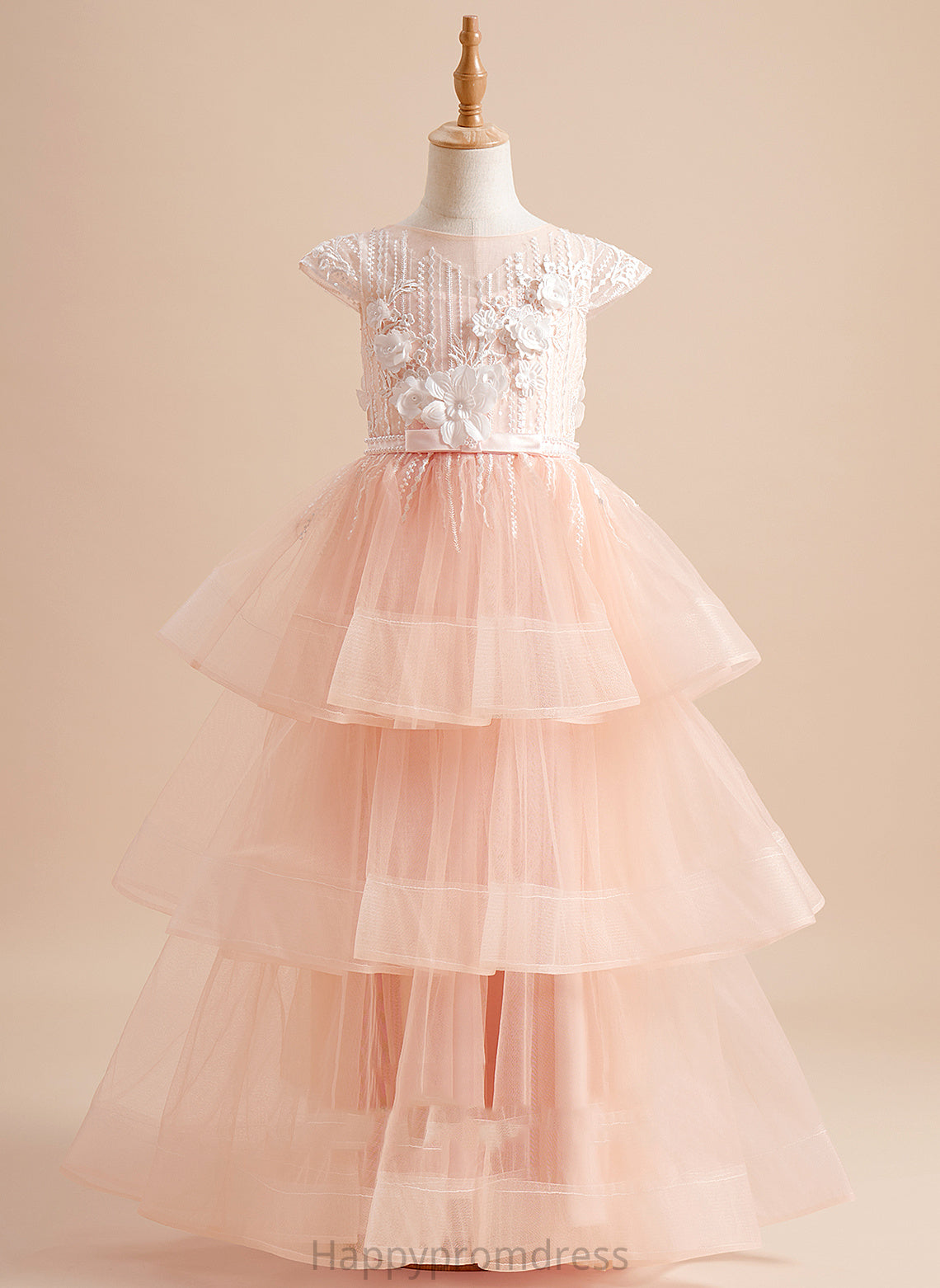 Tulle Sleeves Girl Dress - Hadassah Flower Girl Dresses Neck Short Scoop Ball-Gown/Princess With Floor-length Beading/Flower(s)/Bow(s) Flower