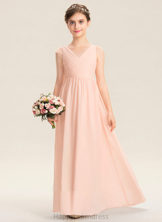 A-Line Ruffle Lace With Junior Bridesmaid Dresses Chiffon Floor-Length V-neck Ellie