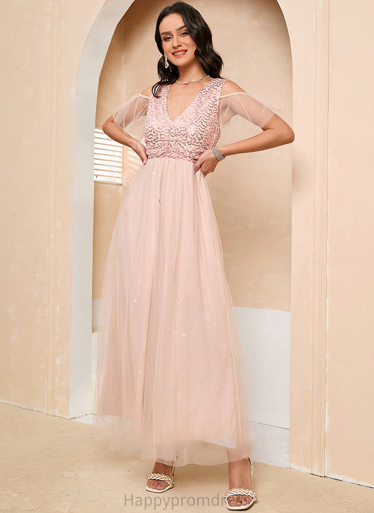 Length Silhouette Tulle Fabric A-Line Ankle-Length Straps V-neck Neckline Monique Floor Length A-Line/Princess Bridesmaid Dresses