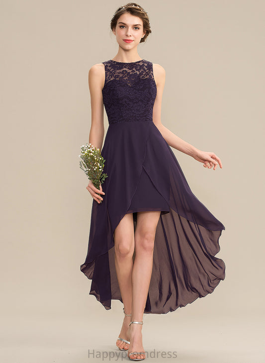 A-Line Length Fabric ScoopNeck Asymmetrical Silhouette Neckline Straps Lace Taniya Short Sleeves Natural Waist Bridesmaid Dresses