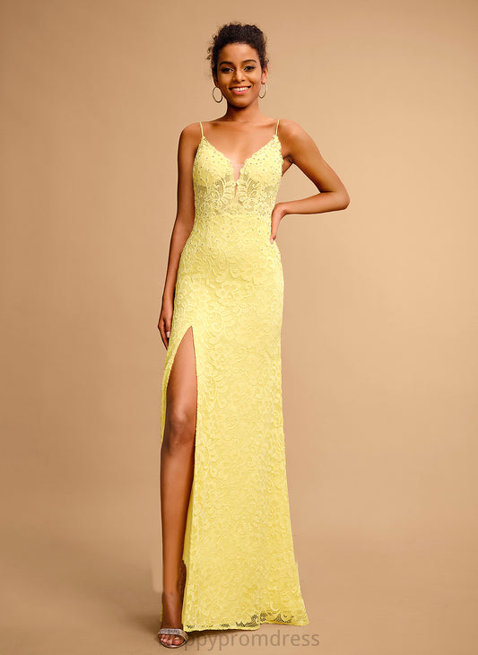 Beading Sheath/Column V-neck Winnie With Lace Floor-Length Prom Dresses