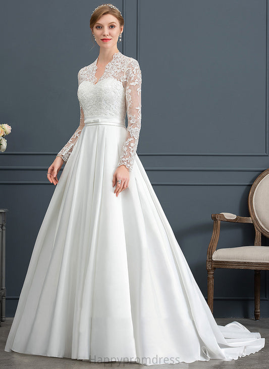 Train With V-neck Ball-Gown/Princess Wedding Bow(s) Satin Lace Wedding Dresses Dress Court Joanna