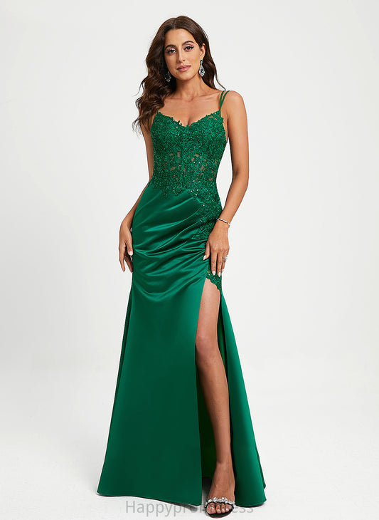 Floor-Length Sequins V-neck Satin Liz Sheath/Column With Prom Dresses Lace