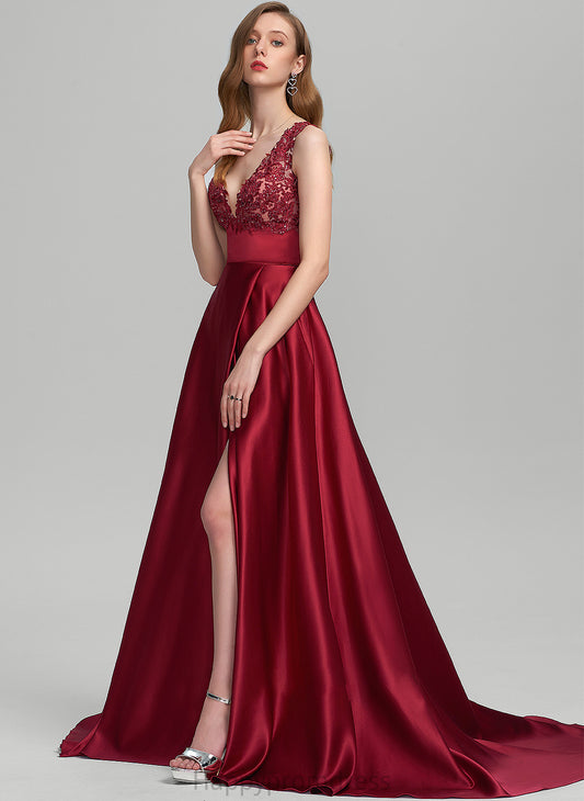 Train Front Prom Dresses With Sequins Satin Sweep Lily Split Ball-Gown/Princess V-neck