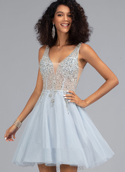 Joanne Short/Mini Sequins Homecoming Dresses Tulle Beading Dress Homecoming A-Line V-neck With