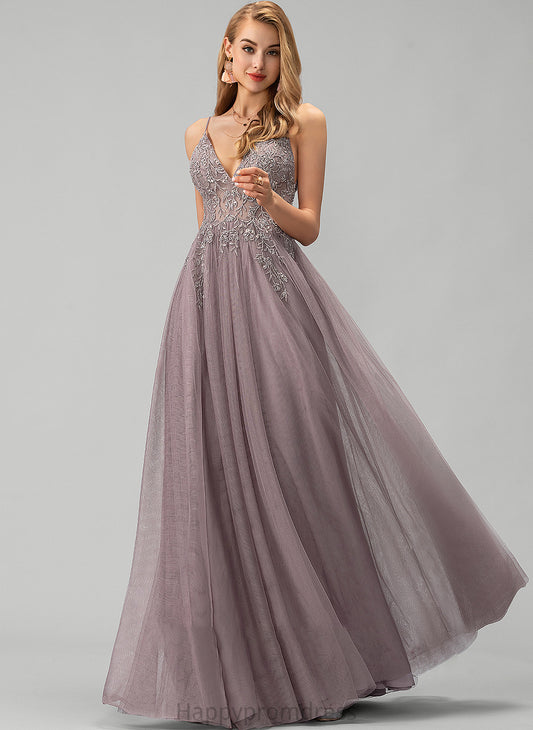 Lace Floor-Length V-neck Prom Dresses Beading Split Front Ball-Gown/Princess Tulle Emely With Sequins